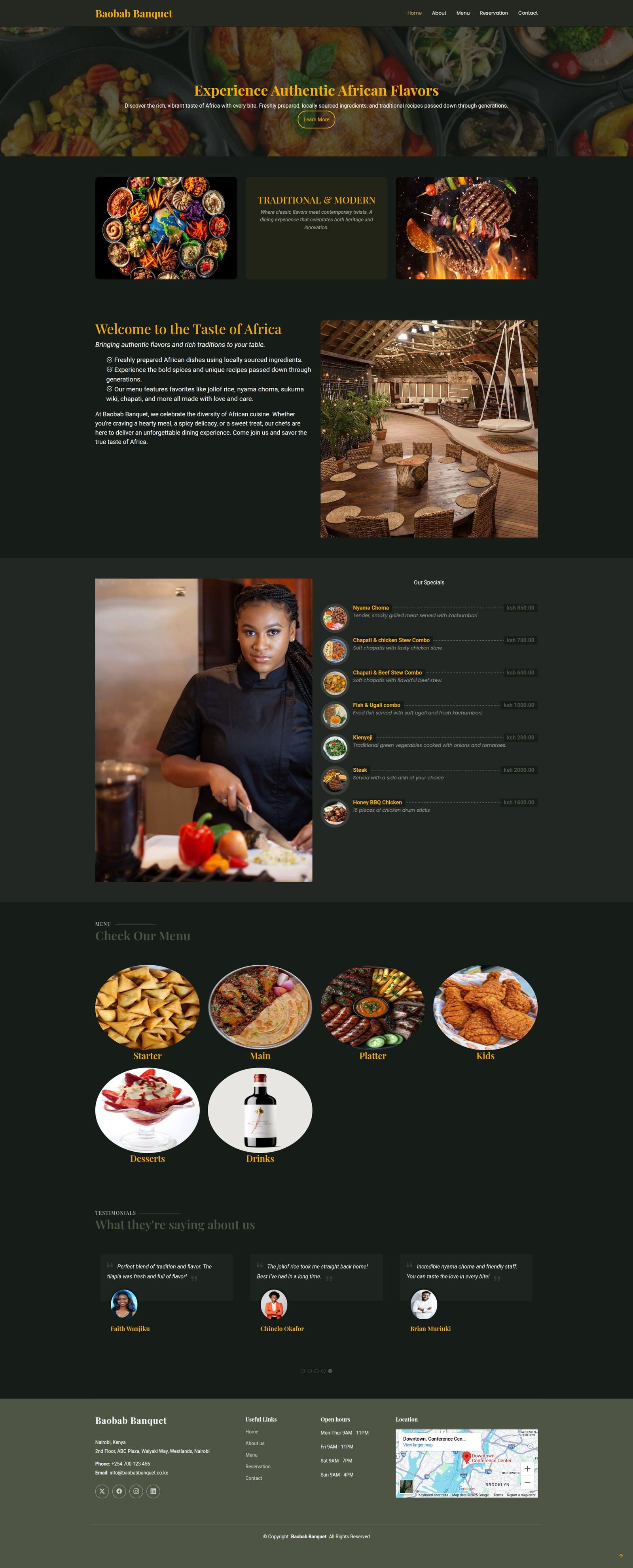 Baobab Website project screenshot, Restaurant Website